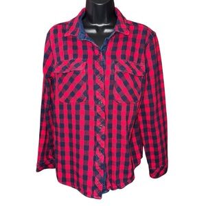 Eddie Bauer Women’s Heavy Flannel Shirt Red Black Plaid Large Elbow Patches